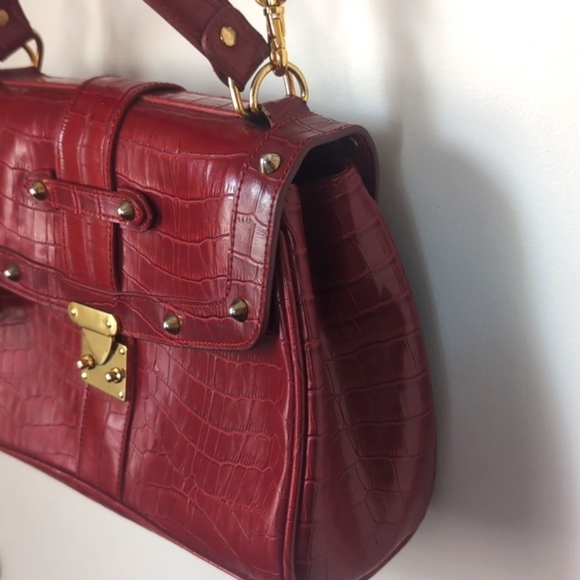 Vintage Real Croc Leather Burgundy Satchel Crossbody Purse Bag - Picture 6 of 12